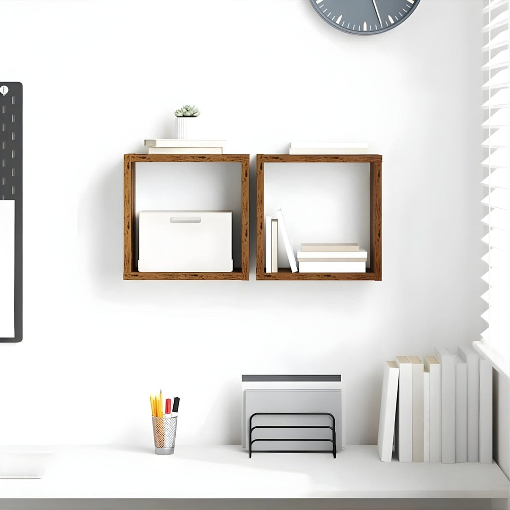 2 étagères murales cubes en bois antique