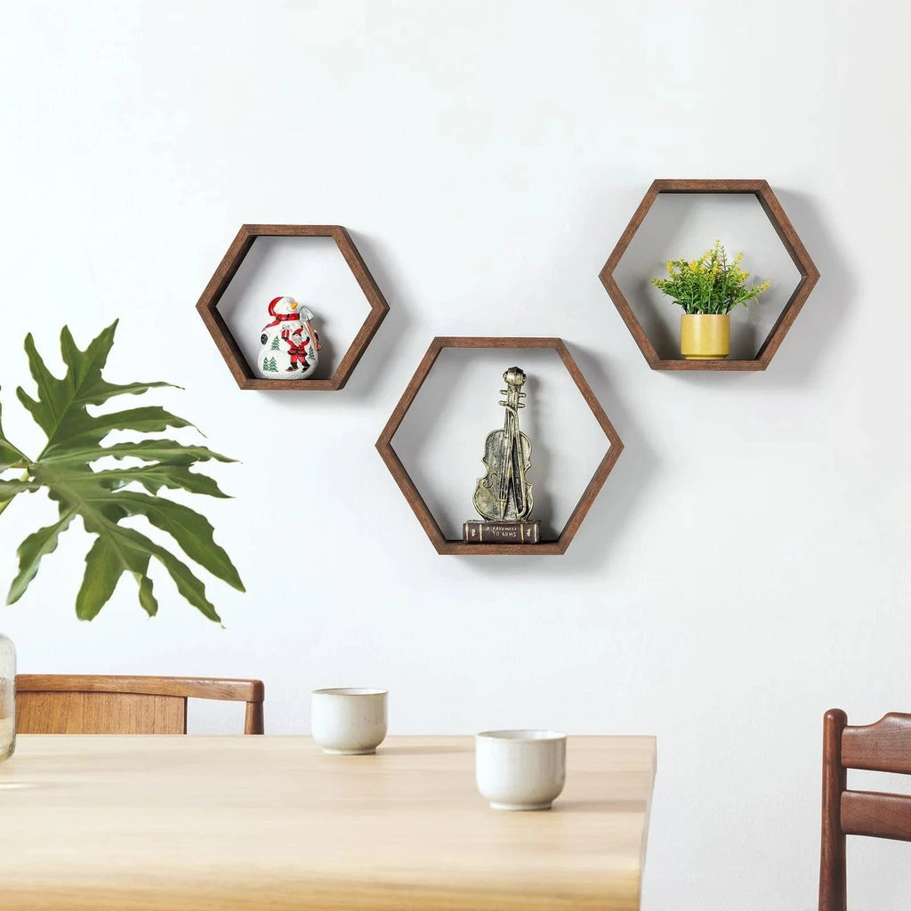Étagère murale hexagonale en bois